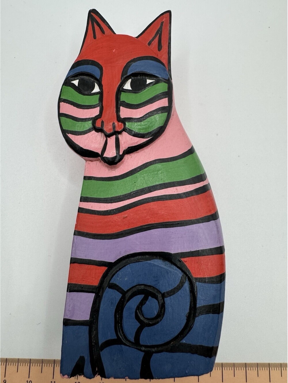 Laurel Burch 5” Painted Wooded Cat - Red Blue Green & Pink With Curled Tail